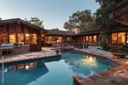 Serene evening scene suburban home with wooden-clad exterior, stone-lined pool, brick barbecue, full view from ceiling to floor.