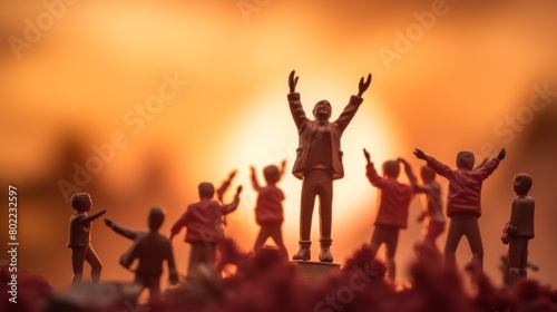 Vibrant Silhouette of Teens Celebrating Success at Sunset: Unity and Joy in Miniature World Photography