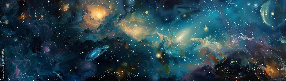 Design a dynamic oil painting of a grand frontal view of a galaxy, showcasing intricate interstellar patterns and varying shades of celestial bodies, including glowing nebulae and distant star cluster Design a dynamic oil painting of a grand frontal view of a galaxy, showcasing intricate interstellar patterns and varying shades of celestial bodies, including glowing nebulae and distant star cluster