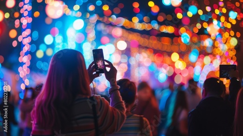 A woman stands amidst a lively festival crowd, holding up her cell phone to capture the vibrant atmosphere.
