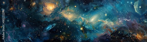 Design a dynamic oil painting of a grand frontal view of a galaxy, showcasing intricate interstellar patterns and varying shades of celestial bodies, including glowing nebulae and distant star cluster