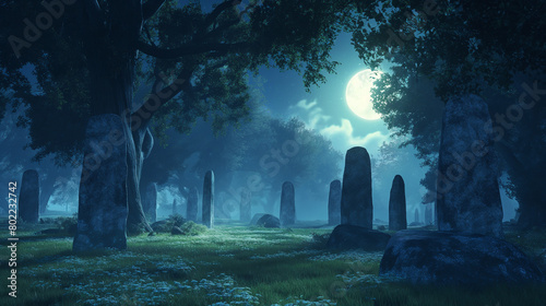 A mystical stone circle surrounded by ancient trees and illuminated by ethereal moonlight