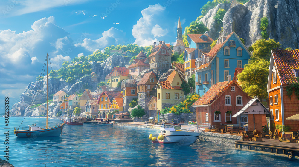 Obraz premium A picturesque seaside village with colorful houses clustered around a quaint harbor and fishing boats.