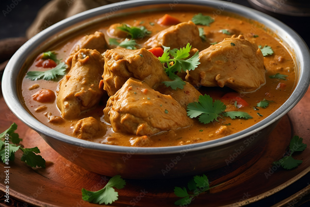 a bowl of food that has a piece of meat Indulgent Delight Malai Chicken Curry Paired with Soft a bowl of food that has a piece of meat Indulgent Delight Malai Chicken Curry Paired with Soft