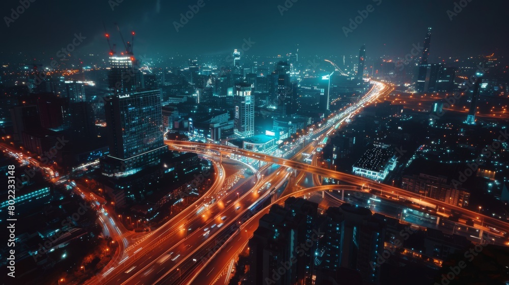 A photograph of a city at night from the road view 