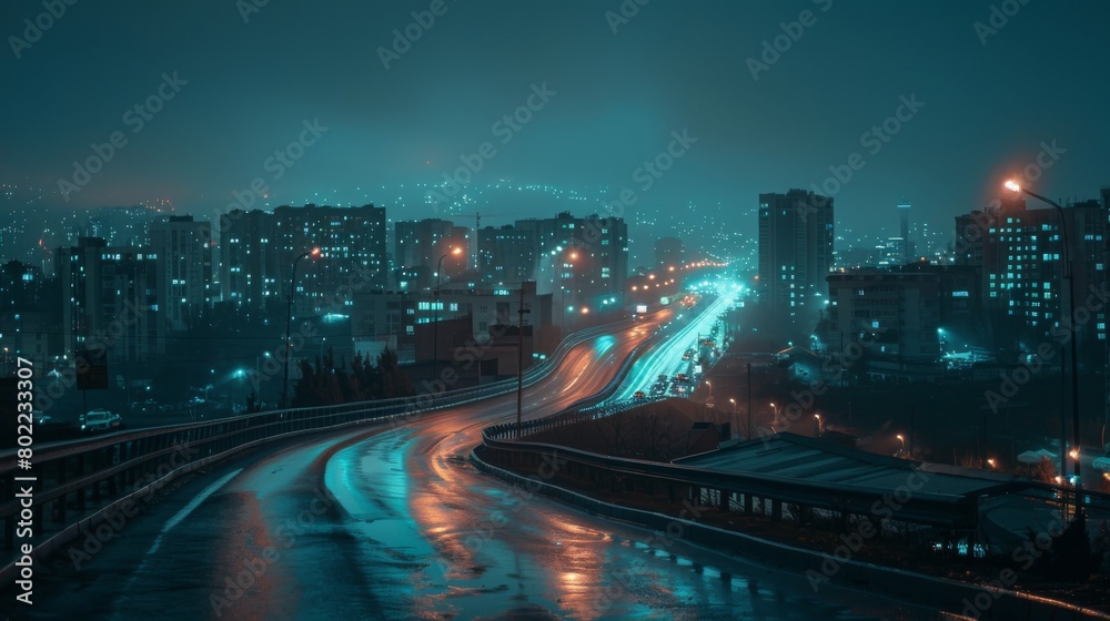 A photograph of a city at night from the road view A photograph of a city at night from the road view