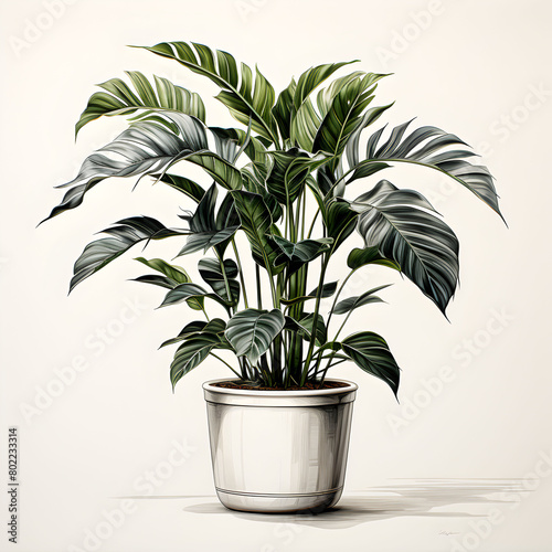 Plants in white pots sit on a beautiful white background. Generative AI