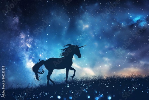 Design a enchanting high-angle scene of a unicorn prancing under a starlit sky  its luminous silhouette outlined in ethereal glow  blending photorealistic elements with a touch of fantasy