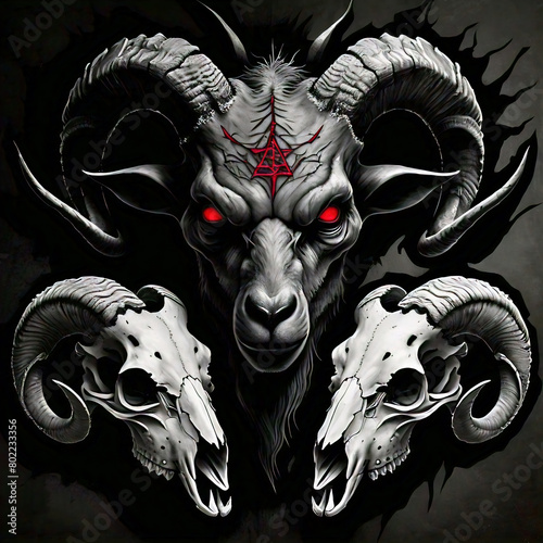 Ram skulls with horns on a dark background, vector illustration. Ram skull with red eyes. satanic goat heads drawings.
