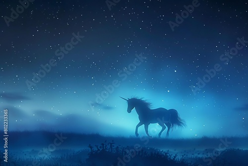 Design a enchanting high-angle scene of a unicorn prancing under a starlit sky, its luminous silhouette outlined in ethereal glow, blending photorealistic elements with a touch of fantasy