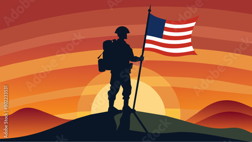 Detailed illustration of a veterans shadow against a sunset as he proudly holds up an American flag and reflects on the battles he fought.. Vector illustration