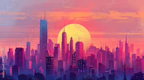 Design a futuristic city skyline set against the mesmerizing hues of the sunset gradient.