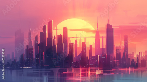 Design a futuristic city skyline set against the mesmerizing hues of the sunset gradient.