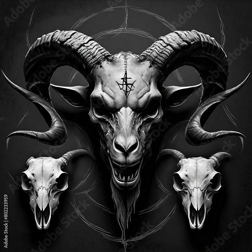 Ram skulls with horns on a black patterned background, vector illustration. satanic goat heads drawings. 