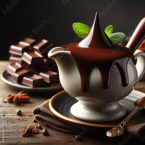 Gravy boat with tasty molten chocolate on wooden table with copy space photo
