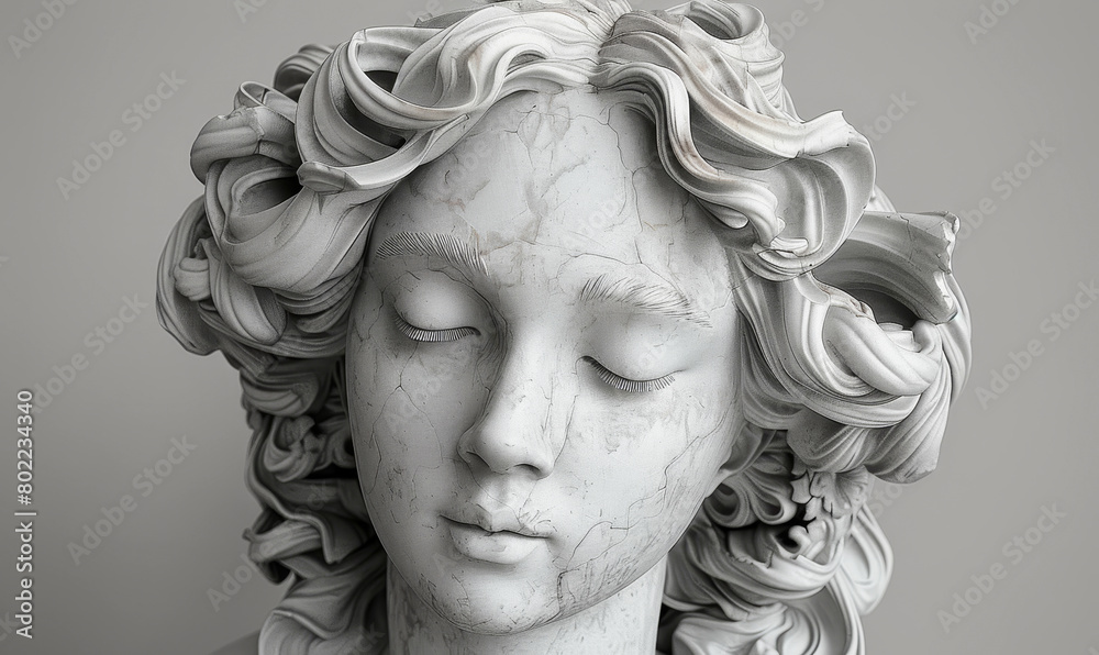 Pensive Greek Nymph Muse Sculpture, Monochrome 3D Rendering of Female Head Statue in Contemplative Pose - Classical Mythology Art, Greek Goddess Pensive Greek Nymph Muse Sculpture, Monochrome 3D Rendering of Female Head Statue in Contemplative Pose - Classical Mythology Art, Greek Goddess