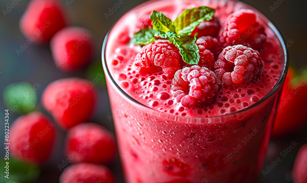 Fruity Smoothie with Raspberries, Strawberries - Healthy Refreshing Natural Drink, Glass, Fresh Fruit Ingredients Fruity Smoothie with Raspberries, Strawberries - Healthy Refreshing Natural Drink, Glass, Fresh Fruit Ingredients