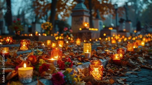 Celebrating All Saints Day: Lit Candles and Autumn Leaves at Night in Cemetery © hisilly