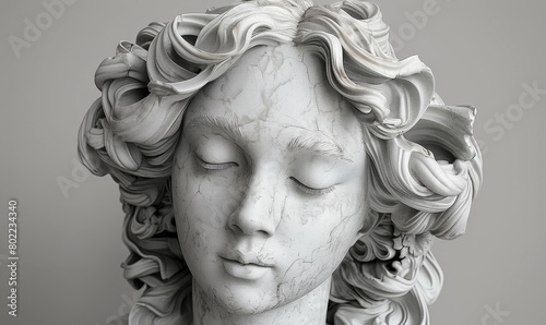 Pensive Greek Nymph Muse Sculpture, Monochrome 3D Rendering of Female Head Statue in Contemplative Pose - Classical Mythology Art, Greek Goddess