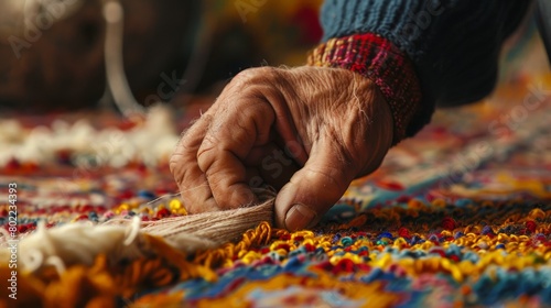 an artisans hands meticulously weaving a Persian carpet close-up on the detailed knotting process