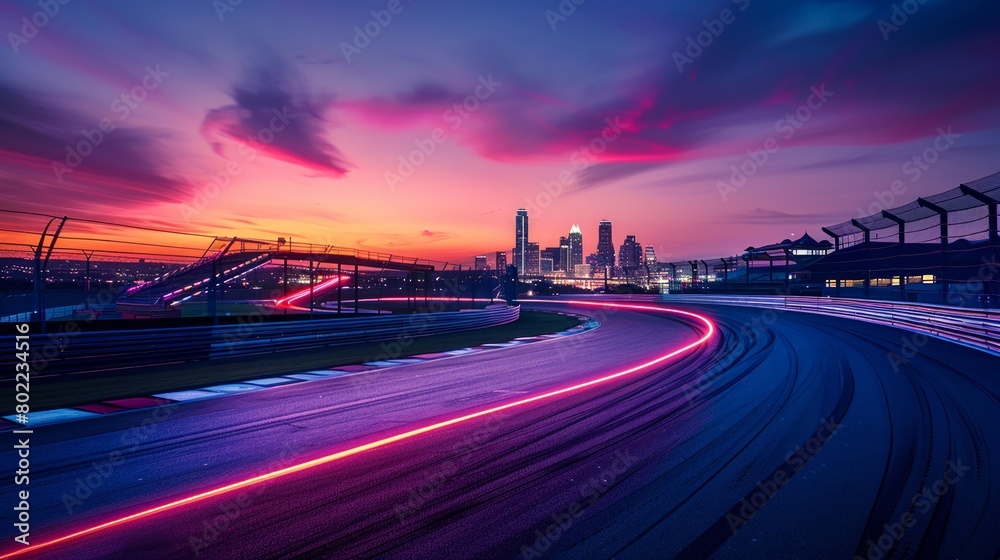 Electric neon trails on a curving race track with city skyline under twilight sky.