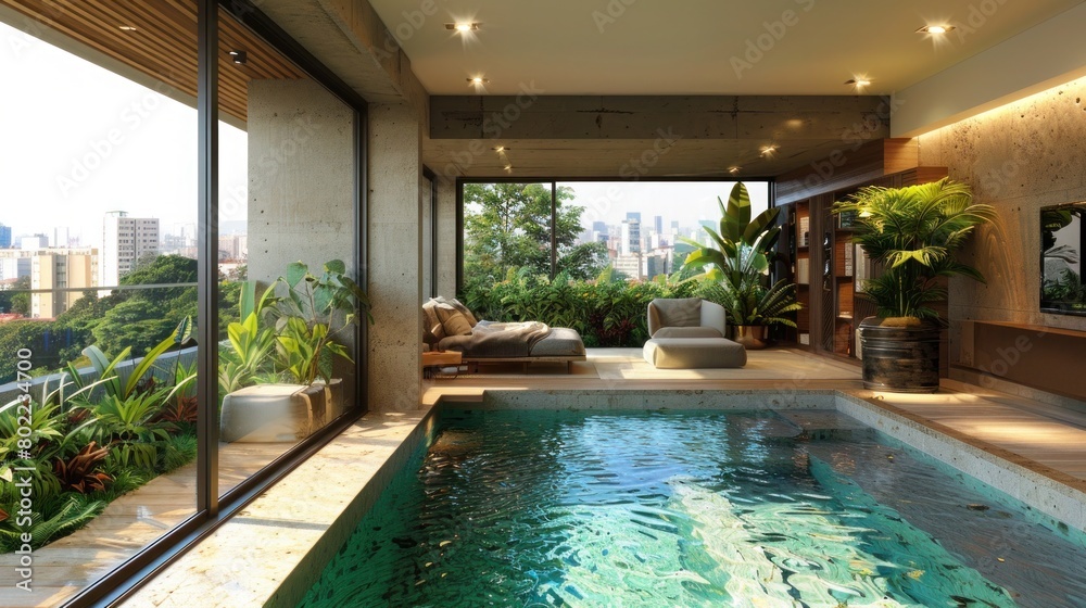 Luxury loft with indoor pool & city views. Open-plan industrial design ...