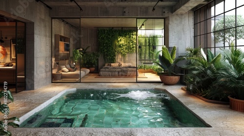 Luxury loft with indoor pool & city views. Open-plan industrial design, adorned with lush greenery. High-end living at its finest. © hisilly