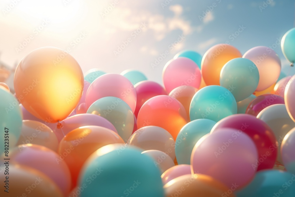 Beautiful sun shining on a bunch of pastel colored balloons floating in the air. Generative AI