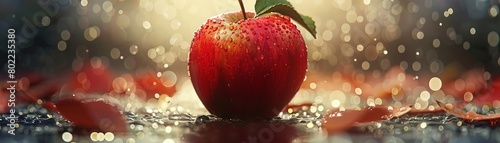 Experience the crispness of a digitally rendered apple from a captivating eye-level view Vibrant red hues, glistening droplets, and intricate details will make this CG 3D masterpiece irresistible
