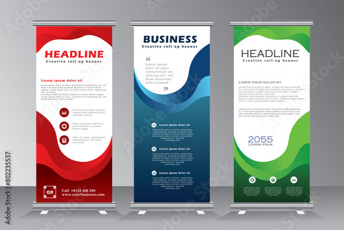 Roll up banner stand template design, Vertical banner for conferance, Annual Meeting, Presenatation, event and project,  red, blue and green print ready colour,