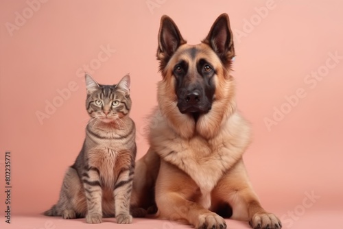A cute dog and cat peacefully sitting side by side on a gradient background. Harmony Between Paws: A Dog and a Cat Sitting Together. Generative AI
