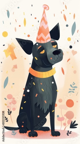 A festive whimsical white dog wearing a party hat surrounded by confetti and balloons, joyfully celebrating at a birthday party. Generative AI