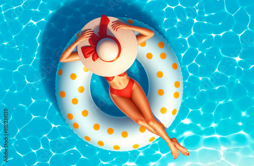 Top view of a woman wearing a red bikini and a hat, floating and relaxing on a fashionable donut inflatable in a swimming pool