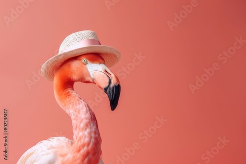 Flamingo looking stylish wearing a hat, against a pastel background. Summer vacation concept. Generative AI photo