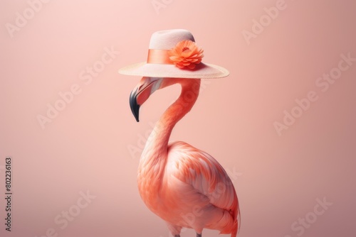 Flamingo looking stylish wearing a hat, against a pastel background. Summer vacation concept. Generative AI photo