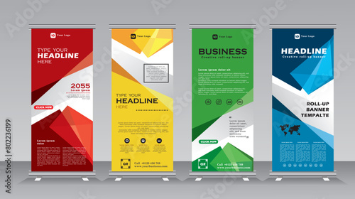 Roll up banner design for business events, annual meetings, presentations, marketing, promotions, red, blue, green, and yellow print ready colors