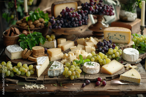 A rustic wooden table spread with a variety of cheeses and grapes