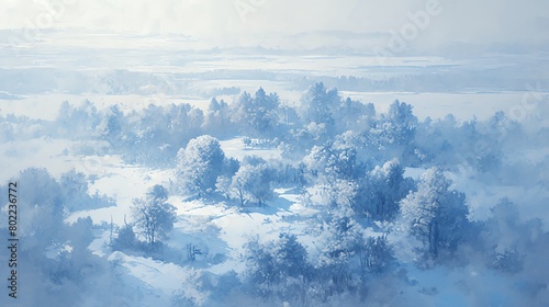 Capture the serene beauty of a snow-covered landscape from an aerial view, showcasing intricate details of glistening white fields and frost-covered trees in a watercolor painting