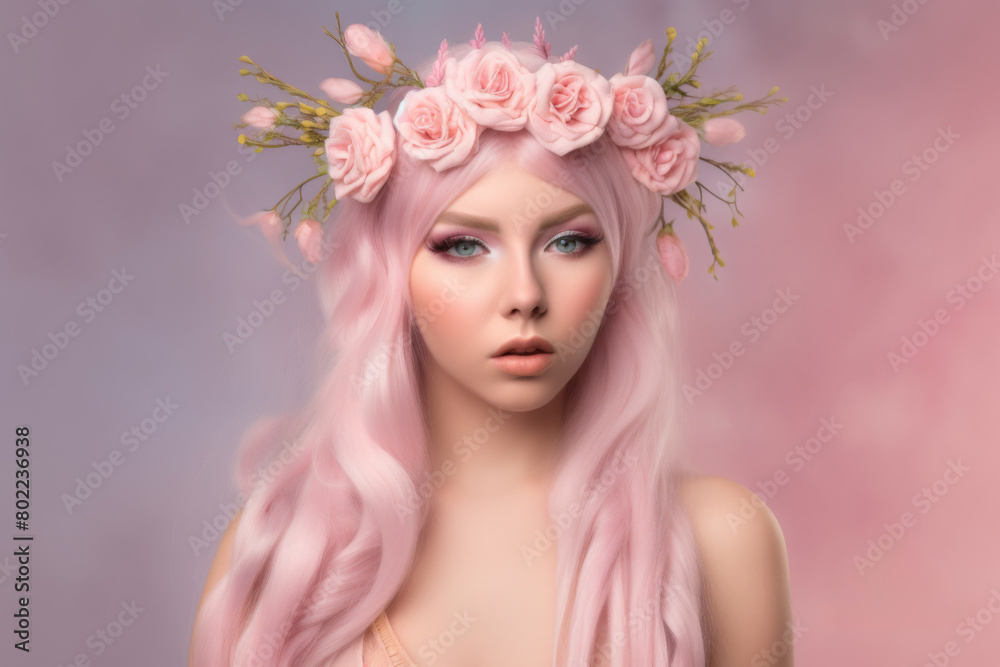 A woman exudes ethereal beauty with pink hair adorned with delicate flowers. Generative AI