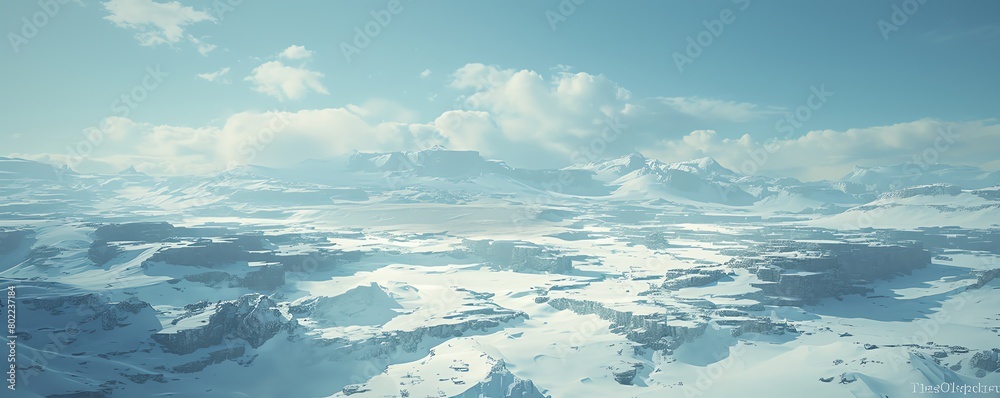 Craft a mesmerizing scene of a snow-covered landscape under a clear winter sky in CG 3D
