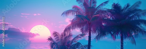 Palm trees with blue gradient background and purple sun setting. #802237112