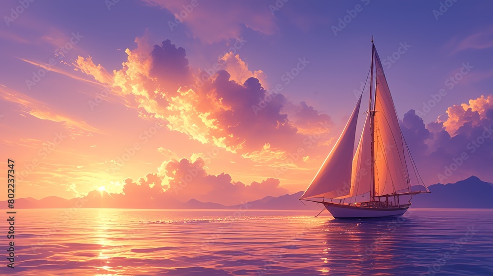Create a striking image of a lone sailboat sailing into the horizon under the canvas of a dusky evening sky