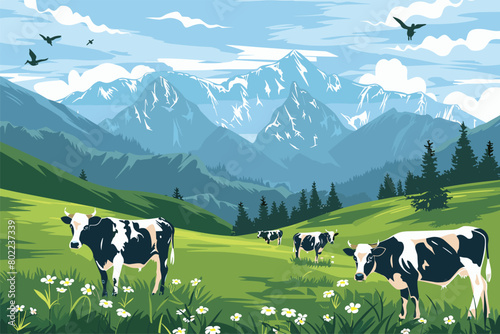 Mountain landscape with cow, Cows in the mountains, Vector illustration