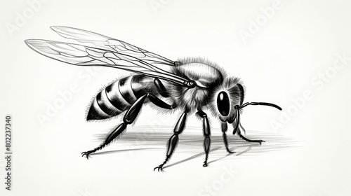 Detailed Vector Engraving Illustration of a Honey Bee on White Background - Perfect for Nature and Wildlife Concepts, Insect Pollination, and Vintage Design.