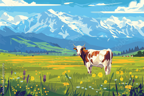 Mountain landscape with cow, Cows in the mountains, Vector illustration