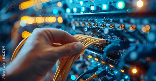 Closeup of IT specialist plugging yellow cables into internet switch in network room, featuring intricate hands-on work with technology and vibrant LED lights photo