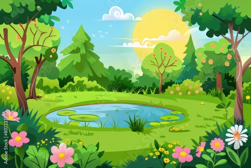 A cartoon forest with trees and flowers  blue sky  a small pond and green grass.