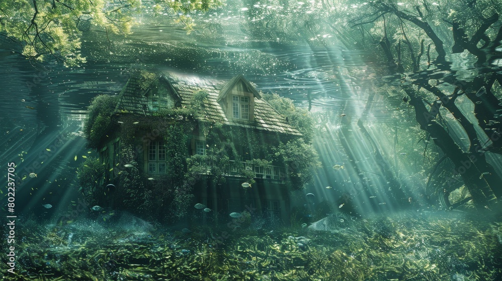 Mystical forest scene with an old, ivy-covered cottage underwater, surrounded by lush greenery and illuminated by rays of ethereal light Mystical forest scene with an old, ivy-covered cottage underwater, surrounded by lush greenery and illuminated by rays of ethereal light