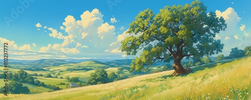 Illustrate a vast landscape of rolling hills under a clear azure sky