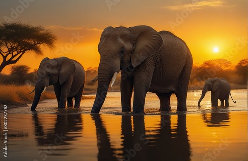 a group of elephants gathered in a stream to cool off, while the sun sets in the background, creating a golden aura around the majestic animals. © Joseane